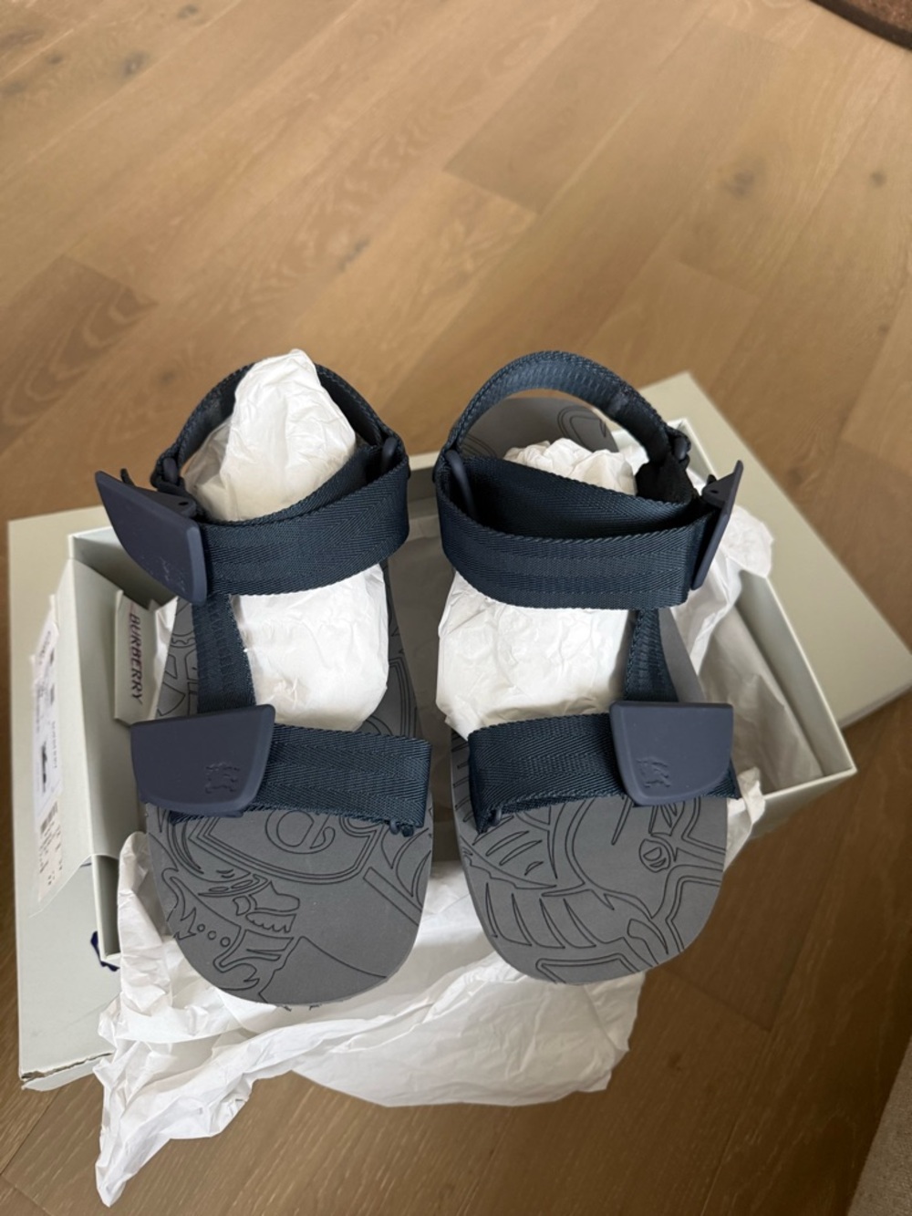 UNISEX Burberry Navy Adjustable Strap Sandals with Patterned Footbed 🔥😎